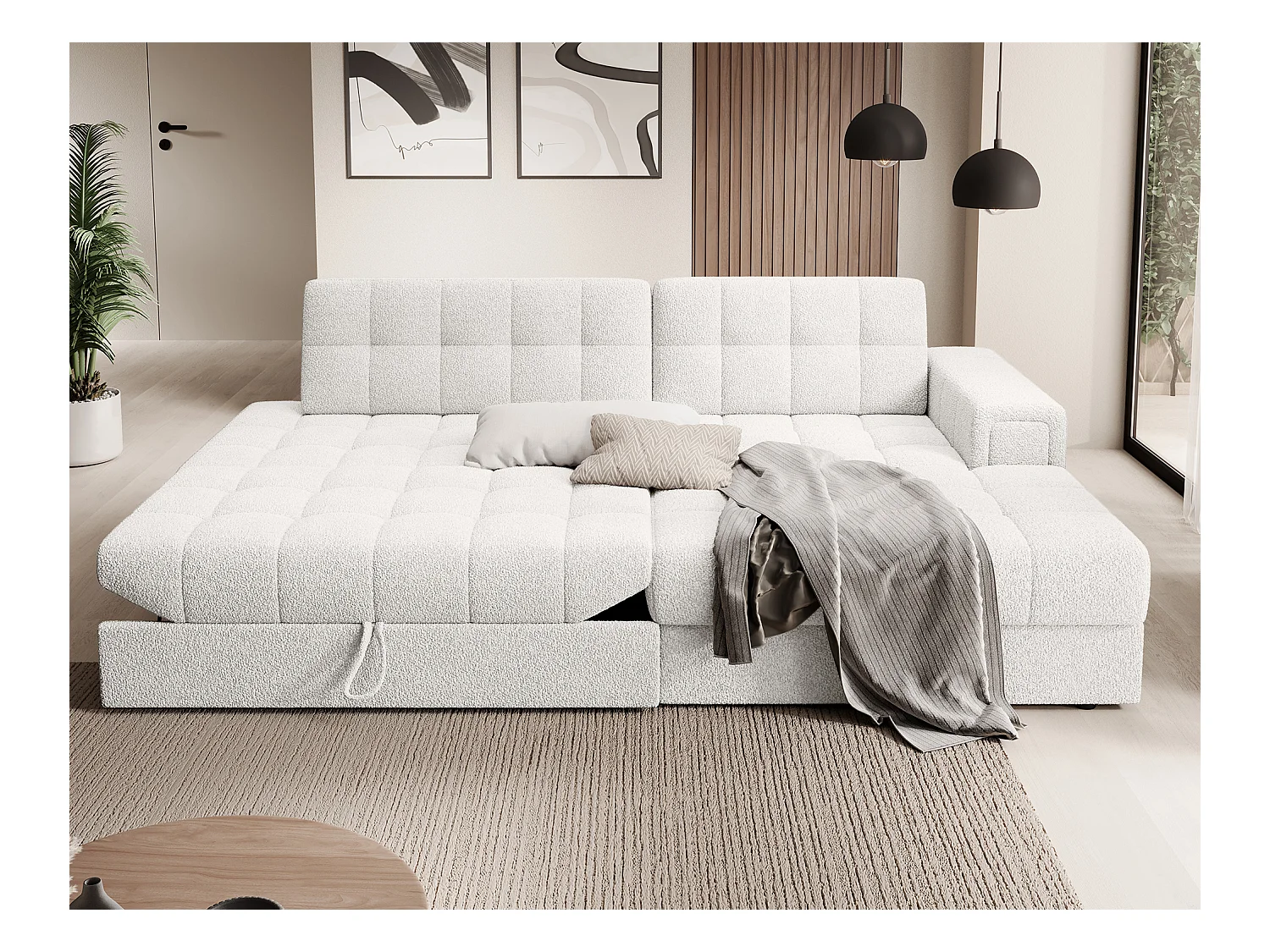 Canapé d'angle KELLY tissu bouclette - Rangement et convertible-Blanc-Méridienne A droite