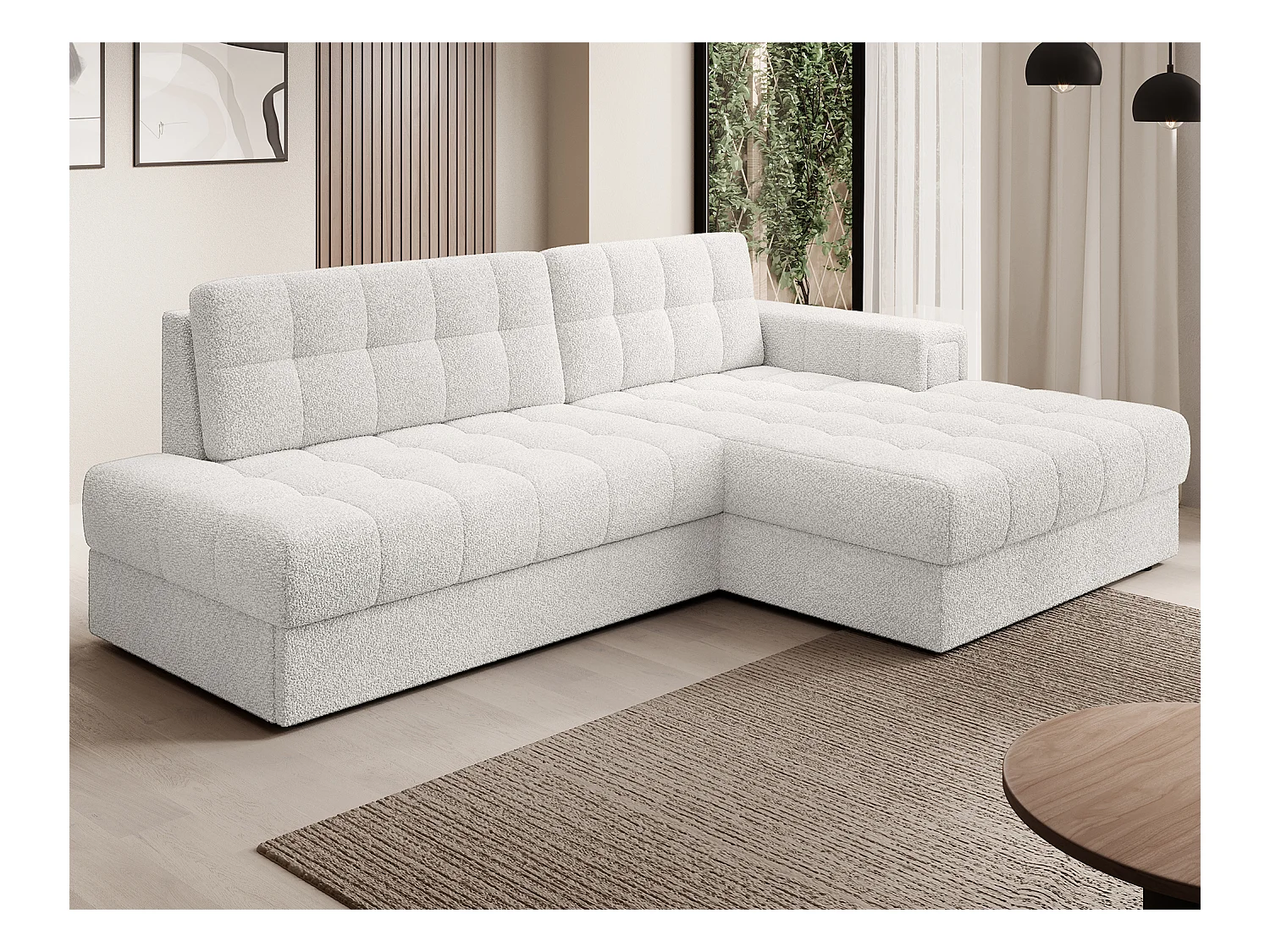 Canapé d'angle KELLY tissu bouclette - Rangement et convertible-Blanc-Méridienne A droite