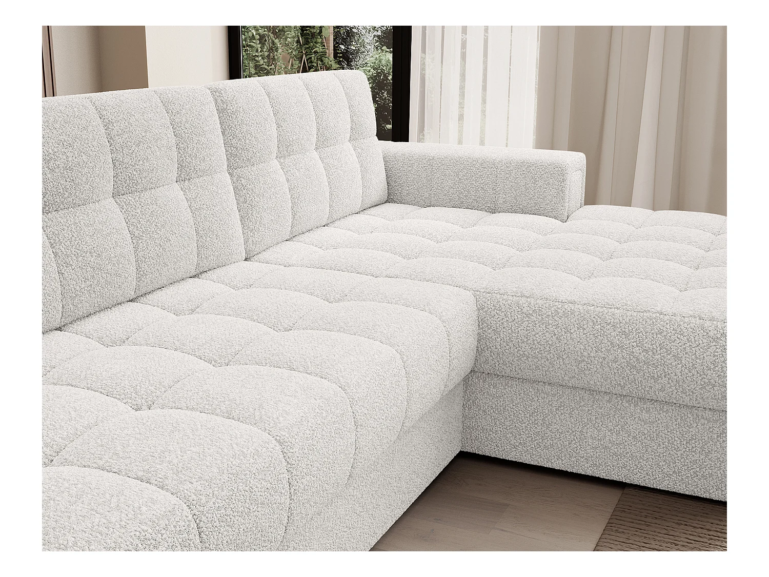 Canapé d'angle KELLY tissu bouclette - Rangement et convertible-Blanc-Méridienne A droite