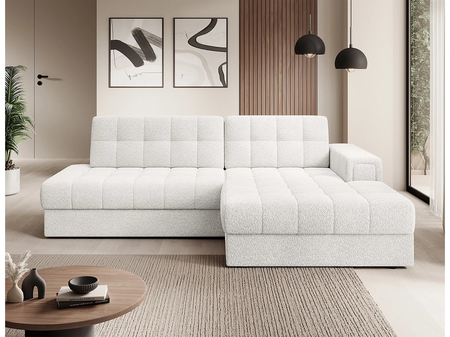 Canapé d'angle convertible 3 places avec rangement en tissu bouclette blanc