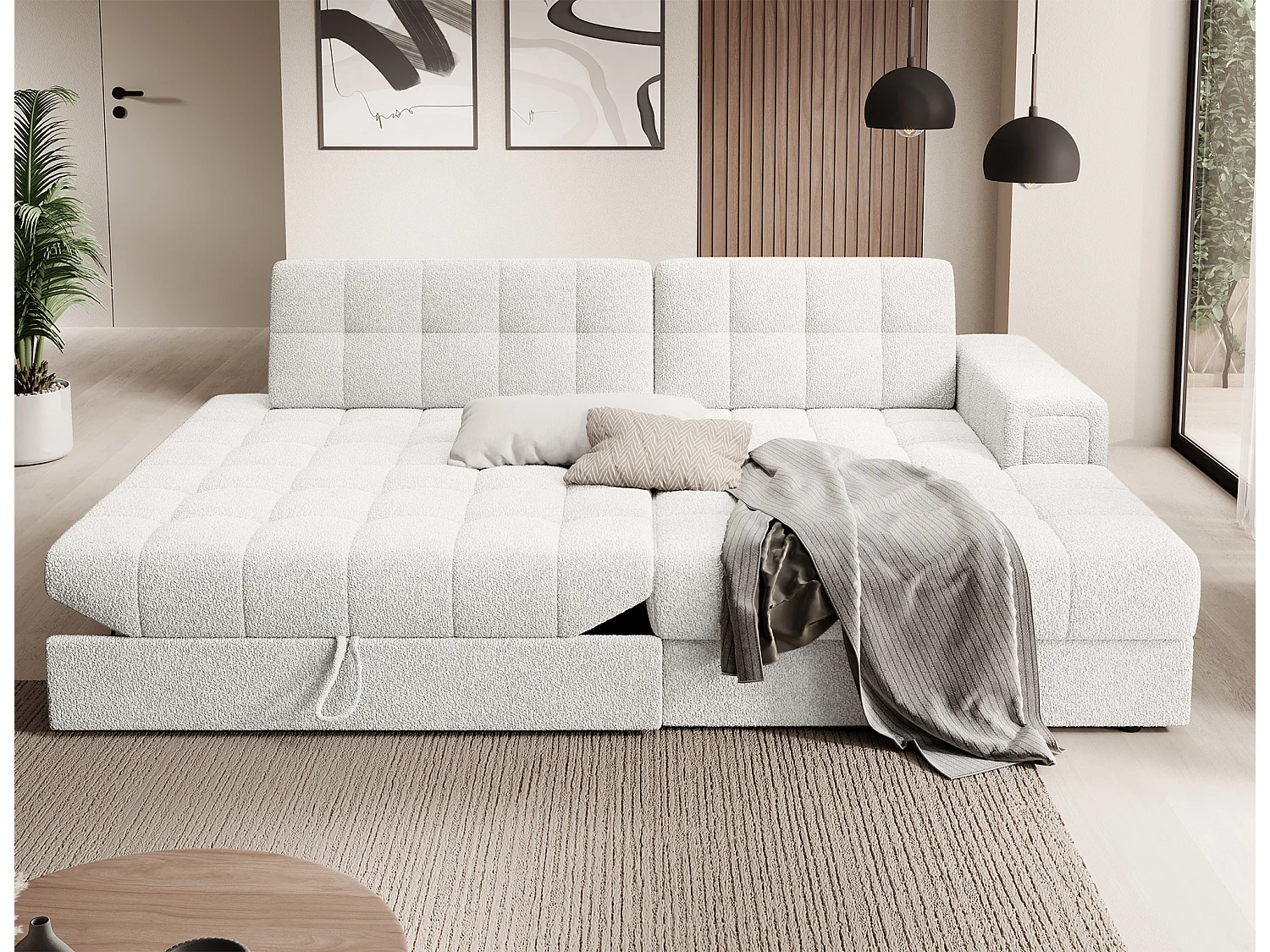 Canapé d'angle convertible 3 places avec rangement en tissu bouclette blanc