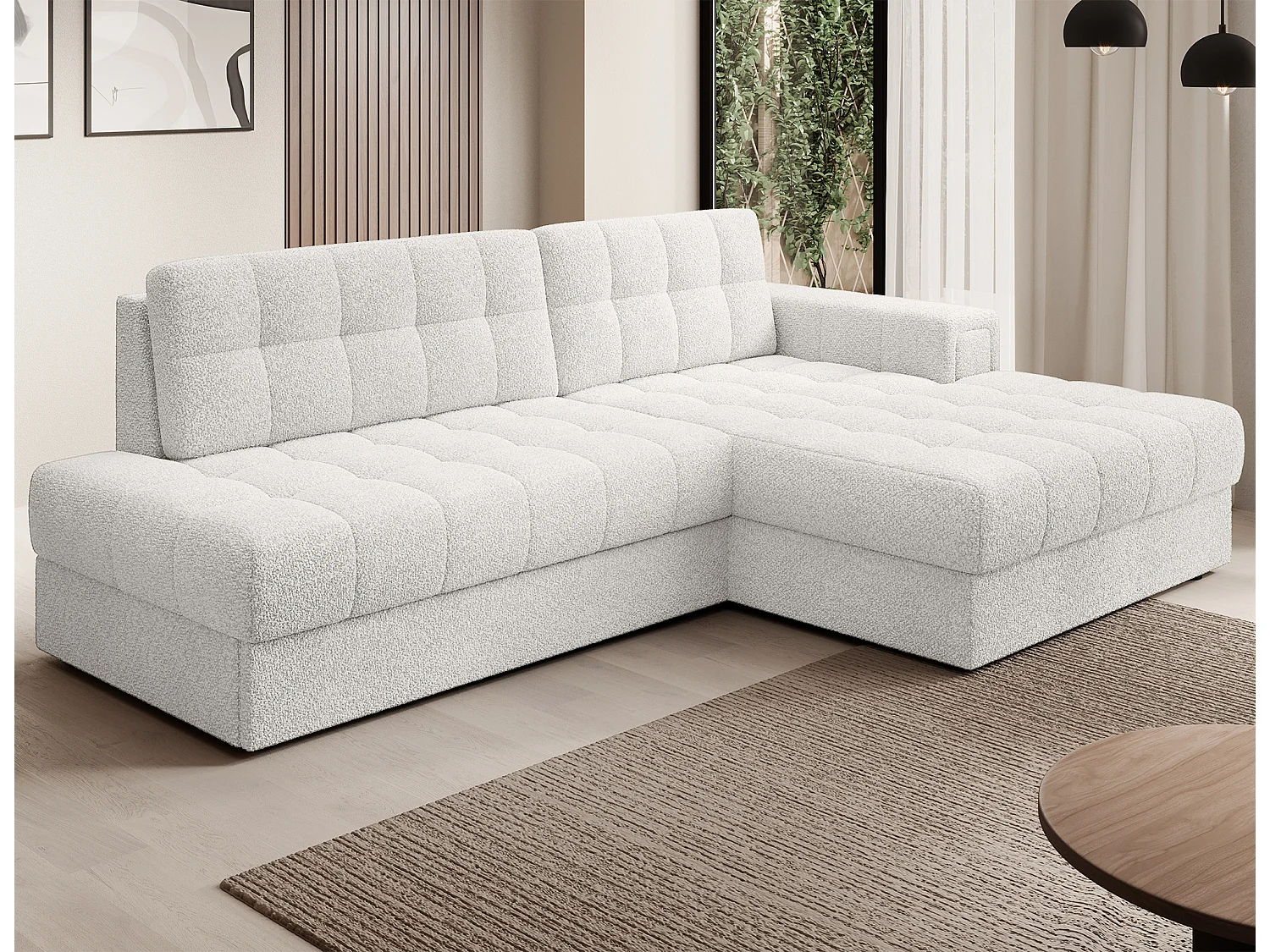 Canapé d'angle convertible 3 places avec rangement en tissu bouclette blanc