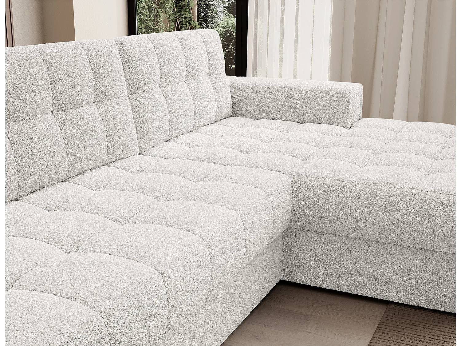 Canapé d'angle convertible 3 places avec rangement en tissu bouclette blanc