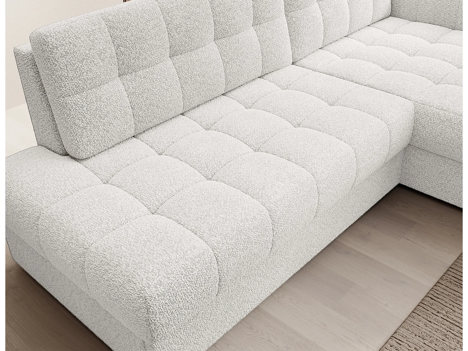 Canapé d'angle convertible 3 places avec rangement en tissu bouclette blanc