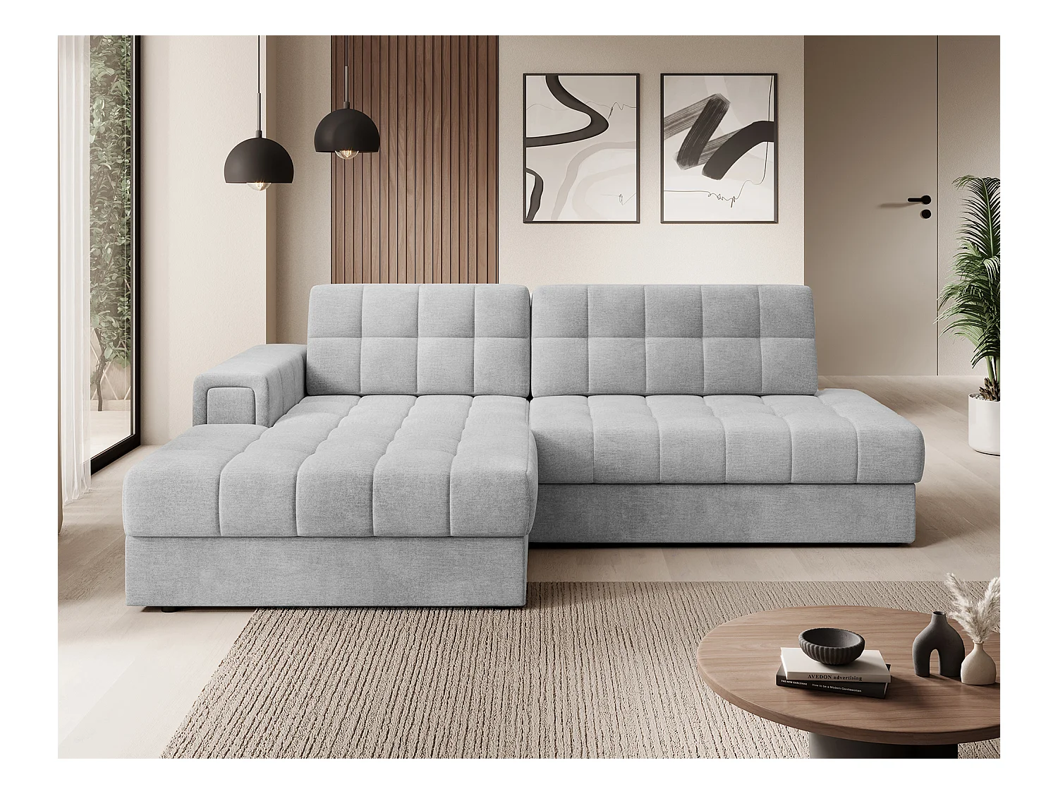 Canapé d'angle KELLY velours - Rangement et convertible-Gris perle-Méridienne A gauche