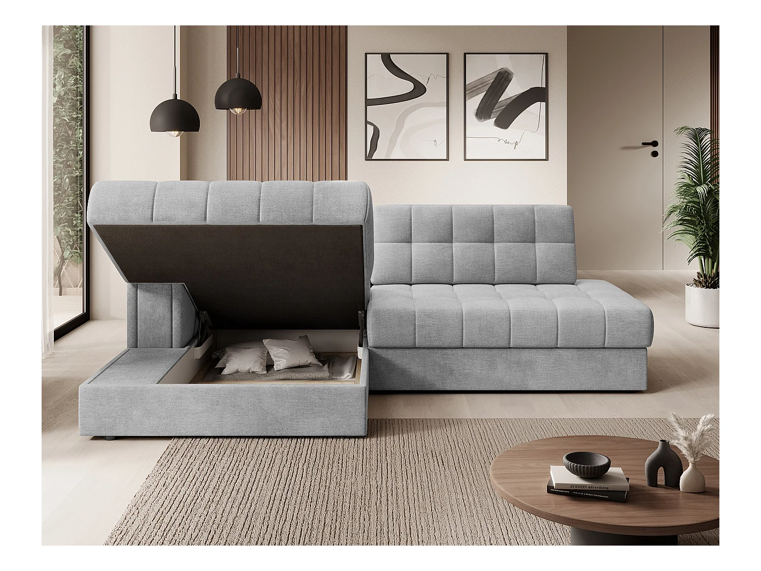 Canapé d'angle KELLY velours - Rangement et convertible-Gris perle-Méridienne A gauche