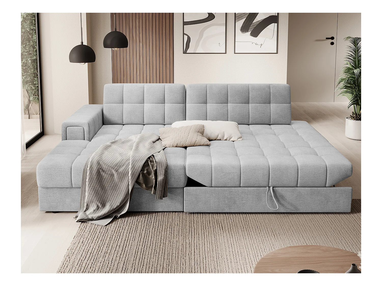 Canapé d'angle KELLY velours - Rangement et convertible-Gris perle-Méridienne A gauche