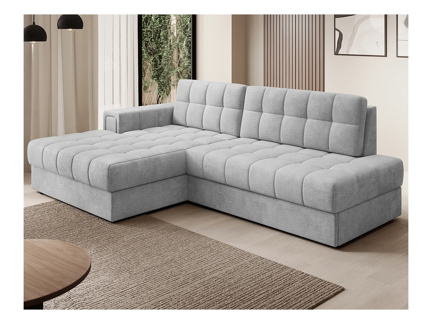 Canapé d'angle KELLY velours - Rangement et convertible-Gris perle-Méridienne A gauche