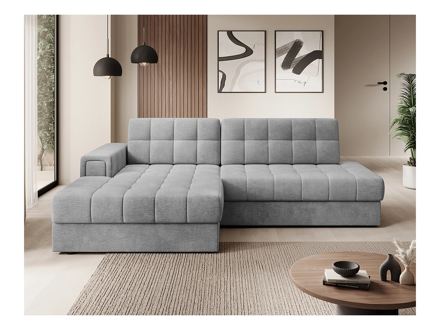 Canapé d'angle KELLY velours - Rangement et convertible-Gris clair-Méridienne A gauche