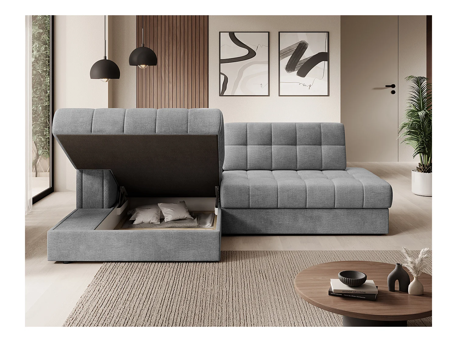 Canapé d'angle KELLY velours - Rangement et convertible-Gris clair-Méridienne A gauche