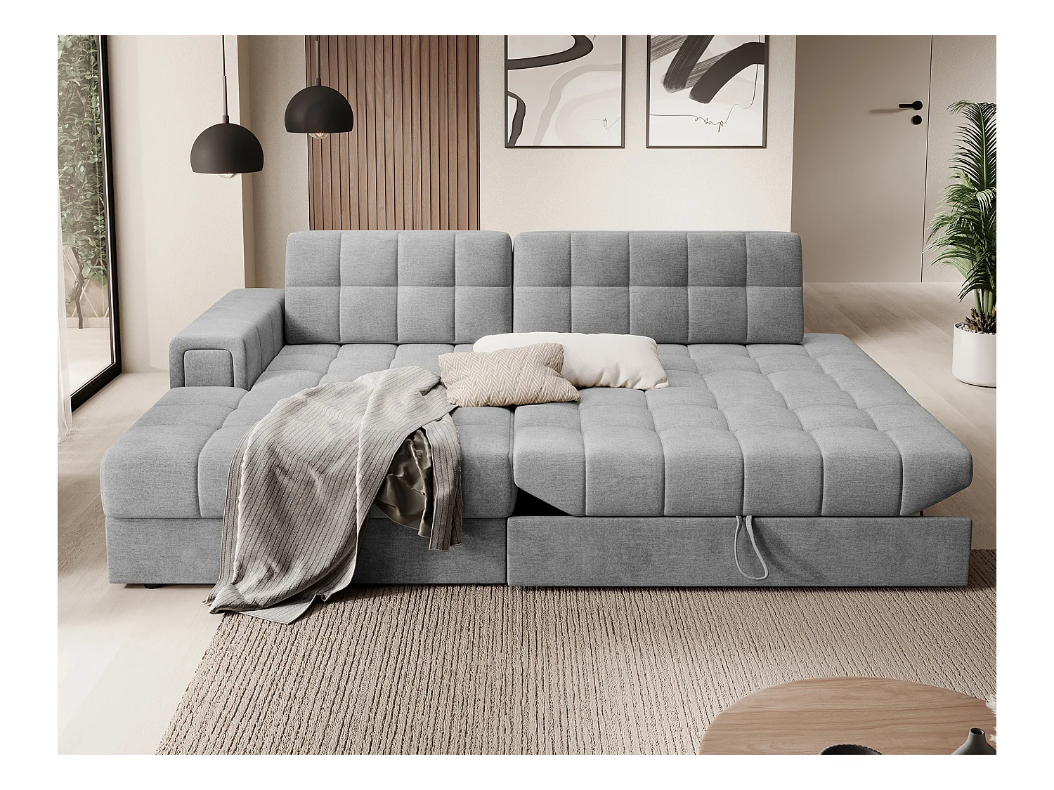 Canapé d'angle KELLY velours - Rangement et convertible-Gris clair-Méridienne A gauche