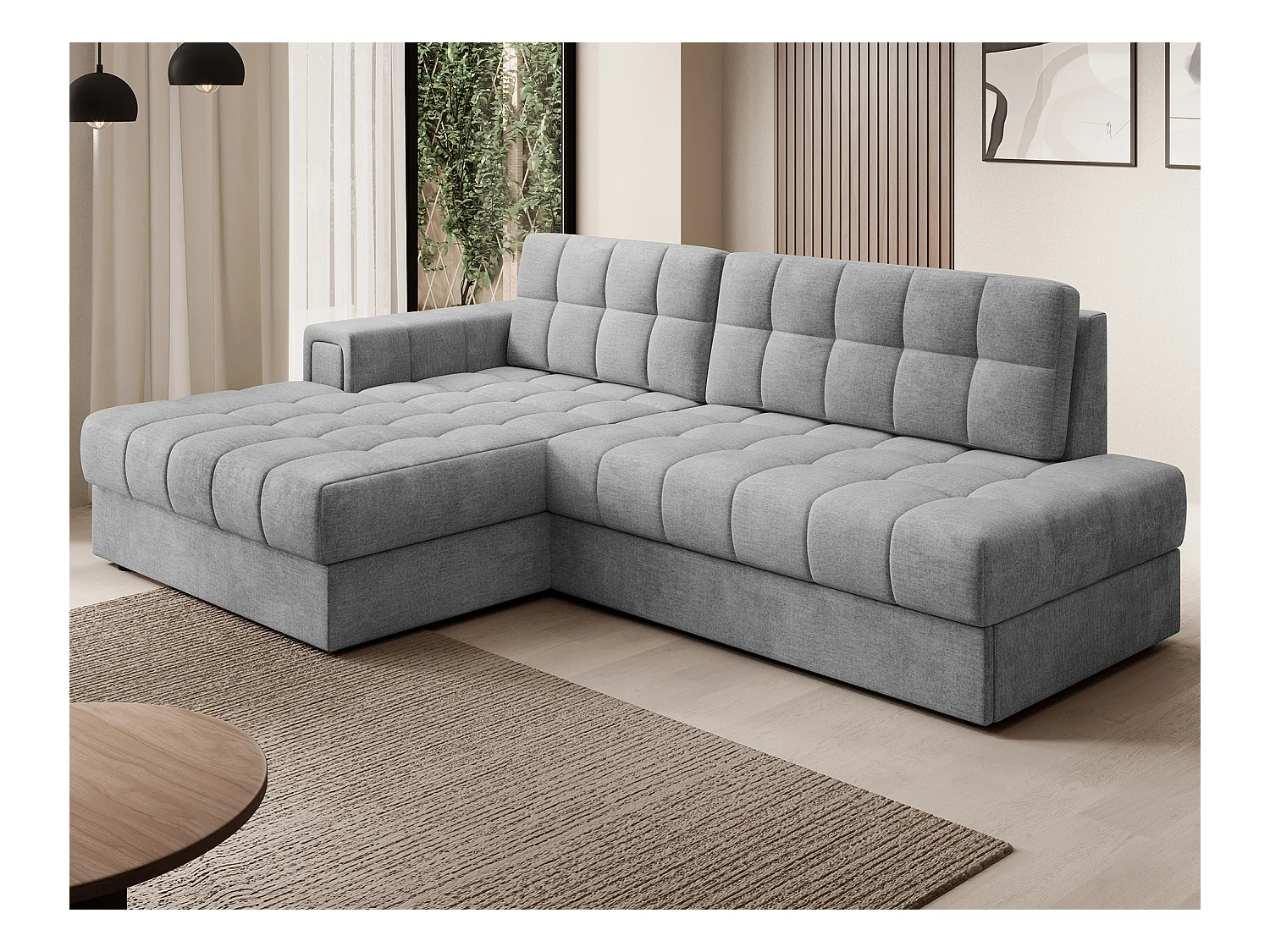 Canapé d'angle KELLY velours - Rangement et convertible-Gris clair-Méridienne A gauche