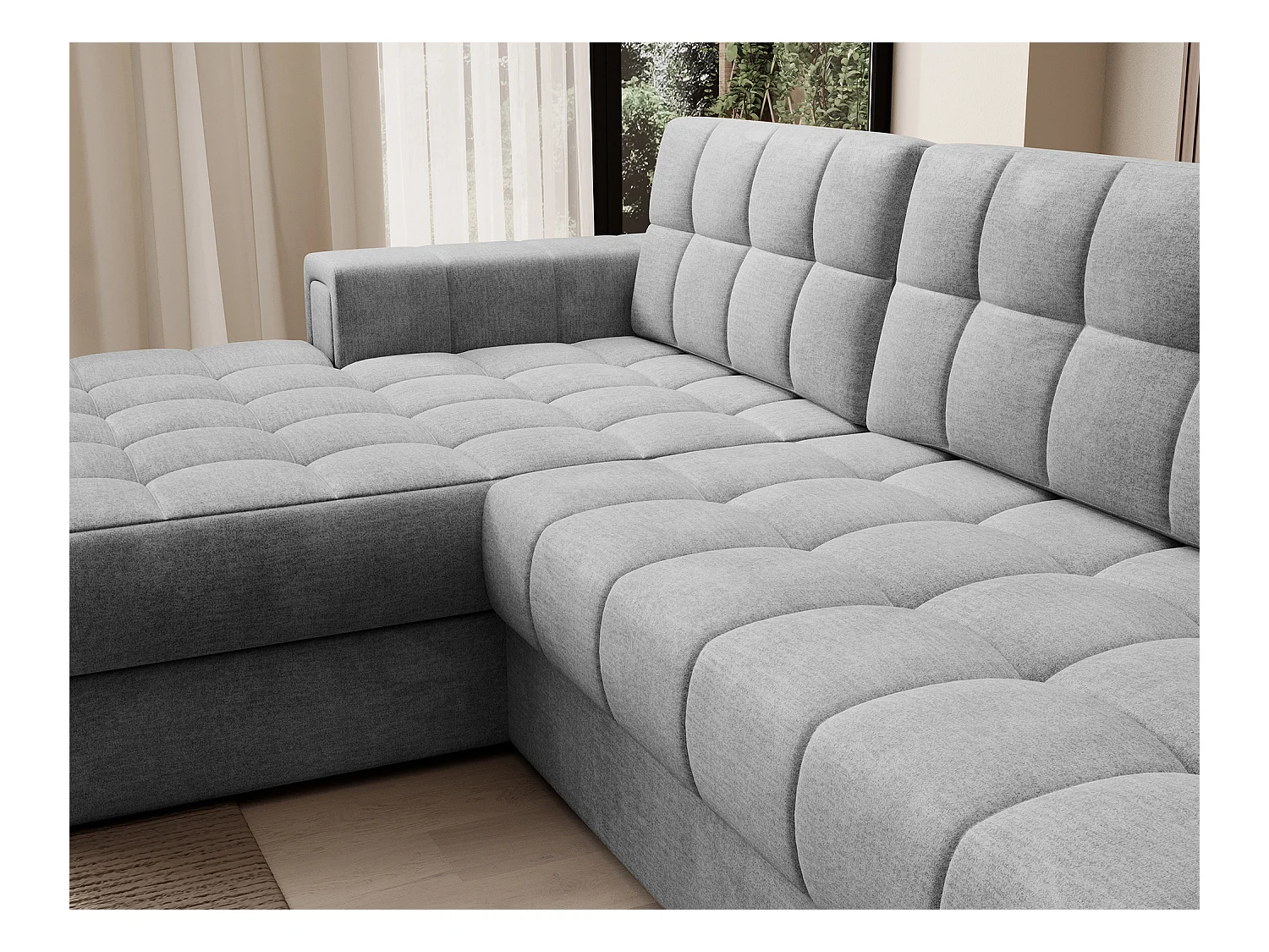 Canapé d'angle KELLY velours - Rangement et convertible-Gris clair-Méridienne A gauche