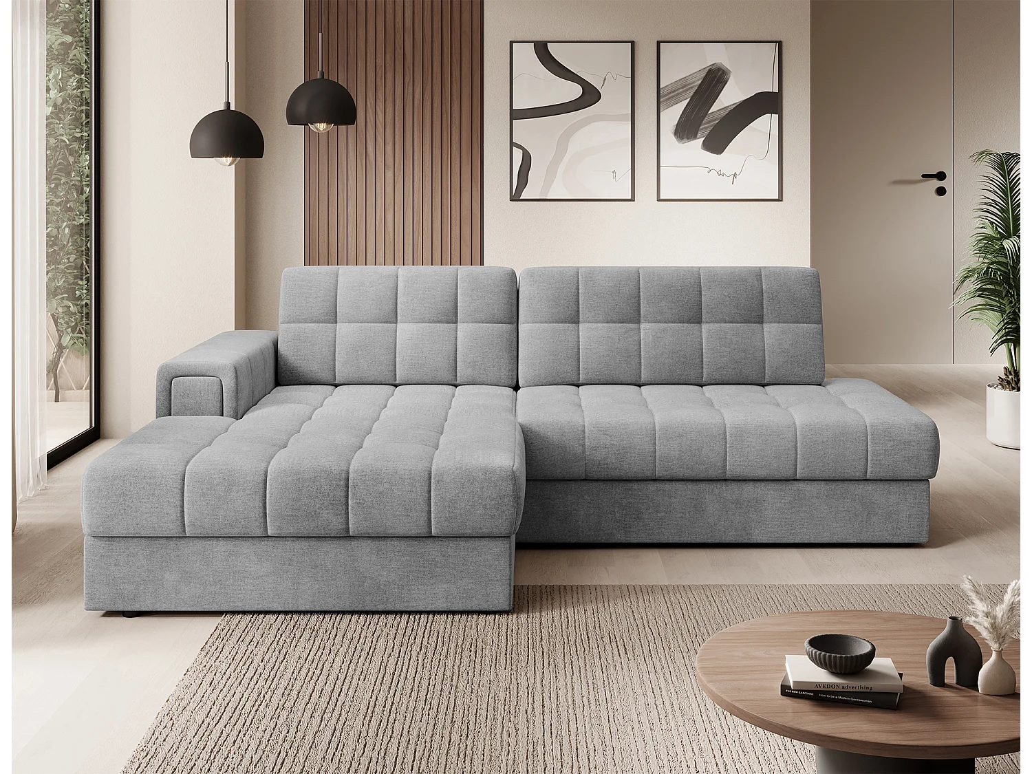 Canapé d'angle KELLY velours - Rangement et convertible-Gris clair-Méridienne A gauche