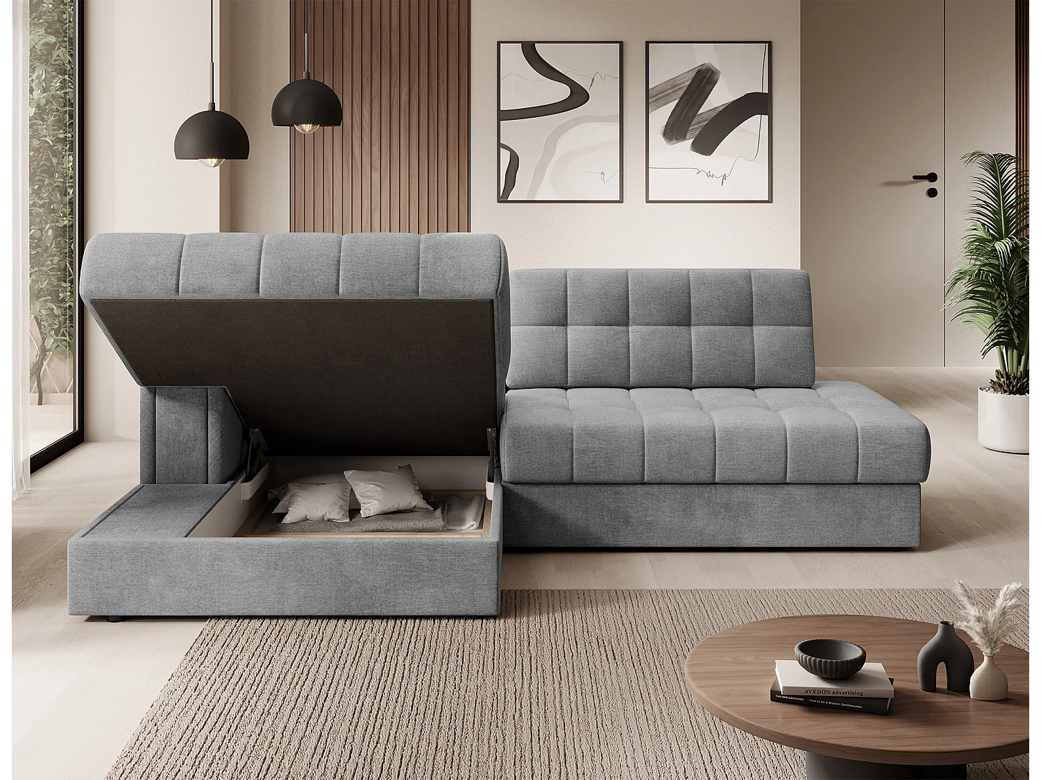 Canapé d'angle KELLY velours - Rangement et convertible-Gris clair-Méridienne A gauche