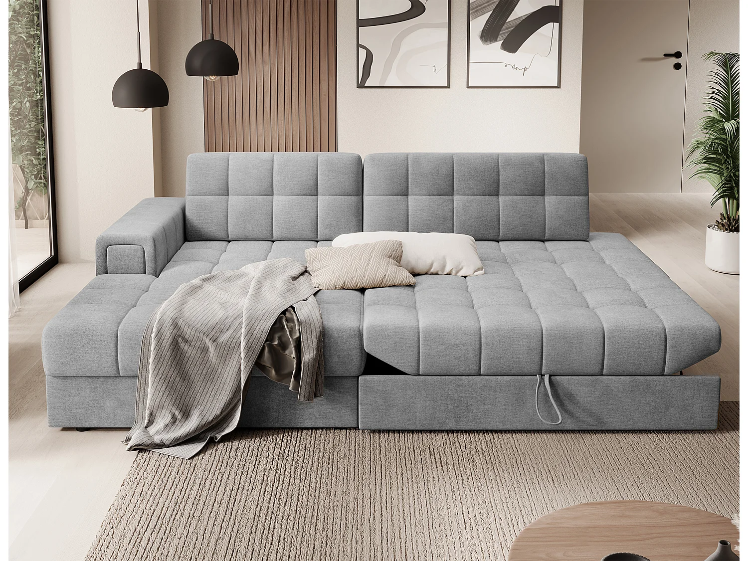 Canapé d'angle KELLY velours - Rangement et convertible-Gris clair-Méridienne A gauche