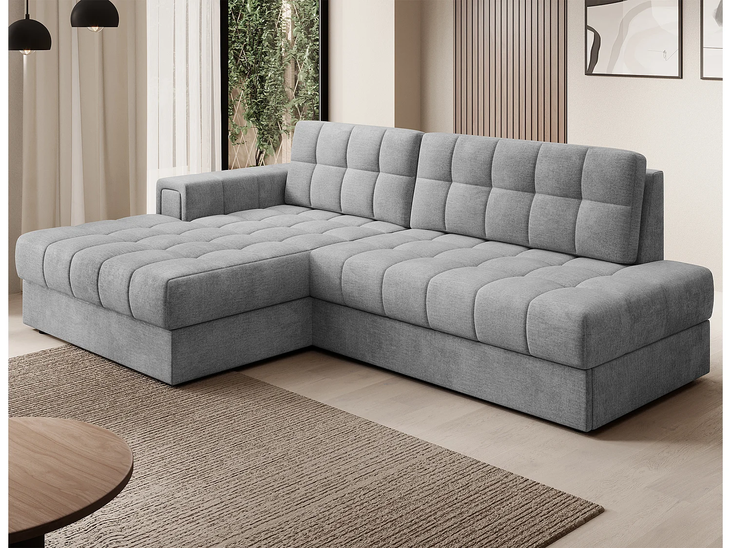 Canapé d'angle KELLY velours - Rangement et convertible-Gris clair-Méridienne A gauche