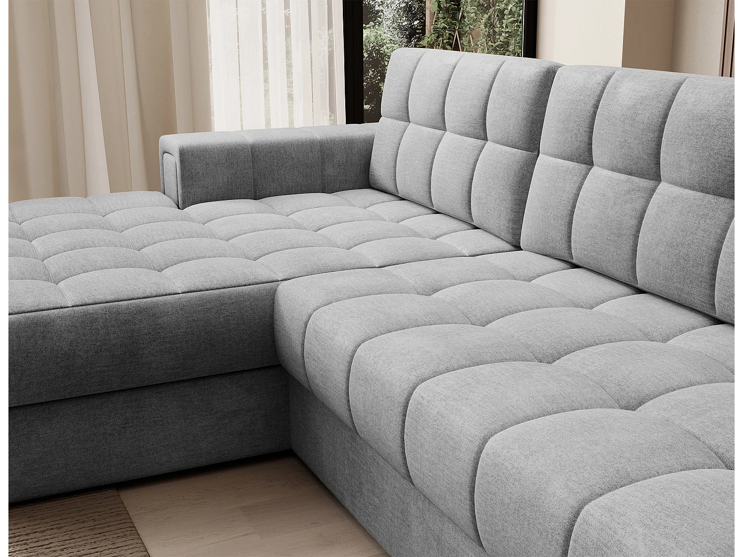 Canapé d'angle KELLY velours - Rangement et convertible-Gris clair-Méridienne A gauche