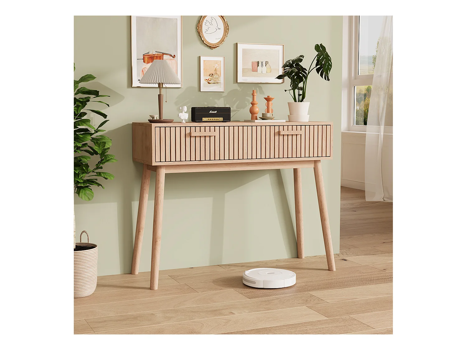 Table basse avec 2 tiroirs, avec espace de rangement, canapé décoratif, 100*35*80cm, couleur bois d'origine