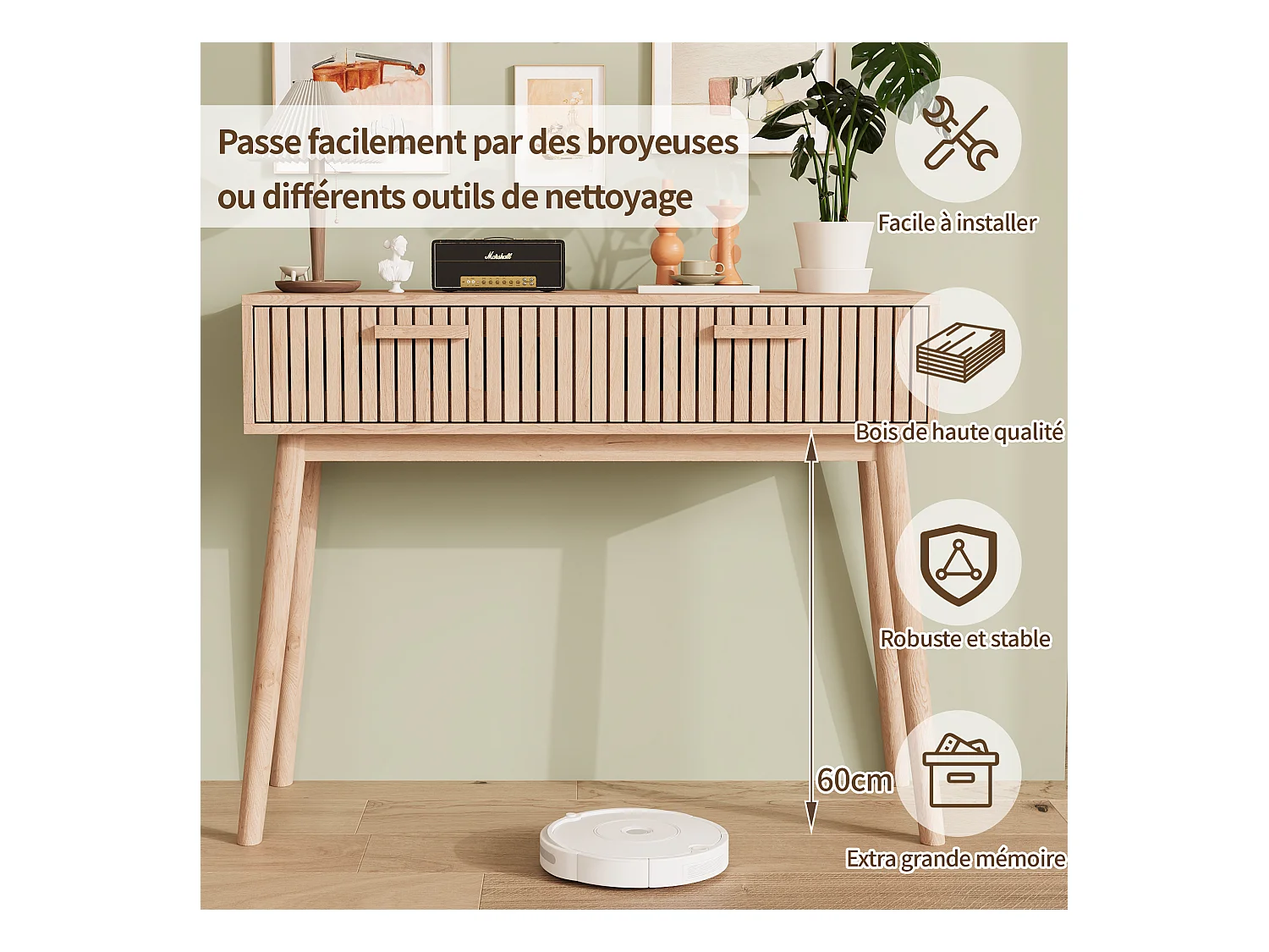 Table basse avec 2 tiroirs, avec espace de rangement, canapé décoratif, 100*35*80cm, couleur bois d'origine