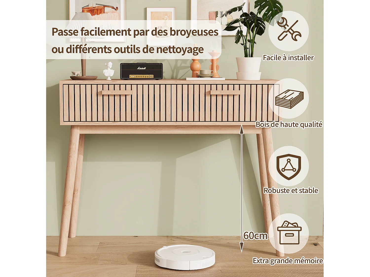 Table basse avec 2 tiroirs, avec espace de rangement, canapé décoratif, 100*35*80cm, couleur bois d'origine