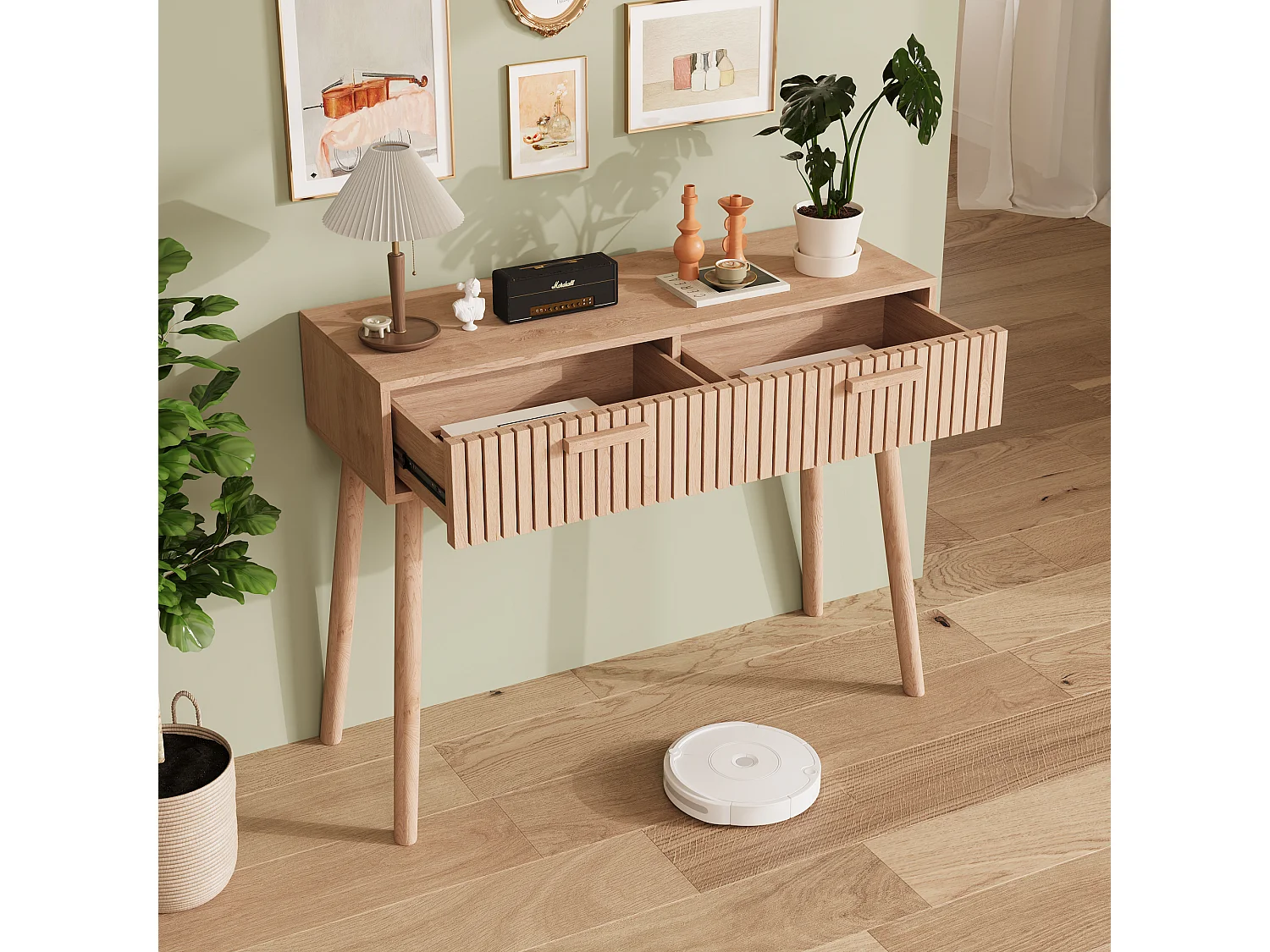 Table basse avec 2 tiroirs, avec espace de rangement, canapé décoratif, 100*35*80cm, couleur bois d'origine