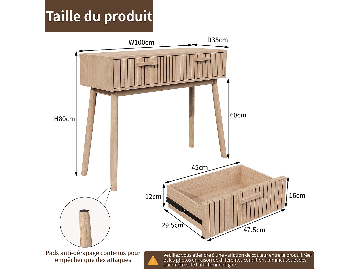 Table basse avec 2 tiroirs, avec espace de rangement, canapé décoratif, 100*35*80cm, couleur bois d'origine