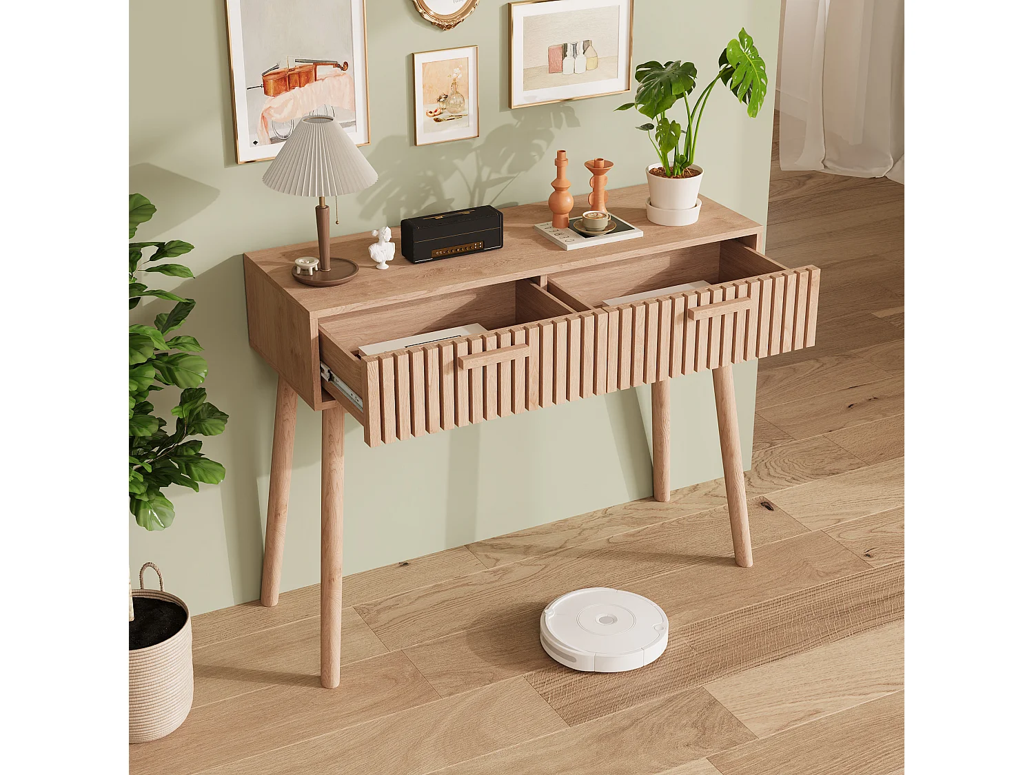 Table basse avec 2 tiroirs, avec espace de rangement, canapé décoratif, 100*35*80cm, couleur bois d'origine