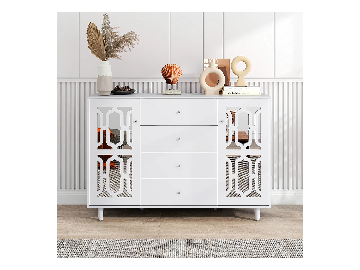 URBAN MEUBLE Buffet blanc design 4 tiroirs 2 portes miroir motif géométrique et poignées en cristal froid&nbsp; 147*40*102cm