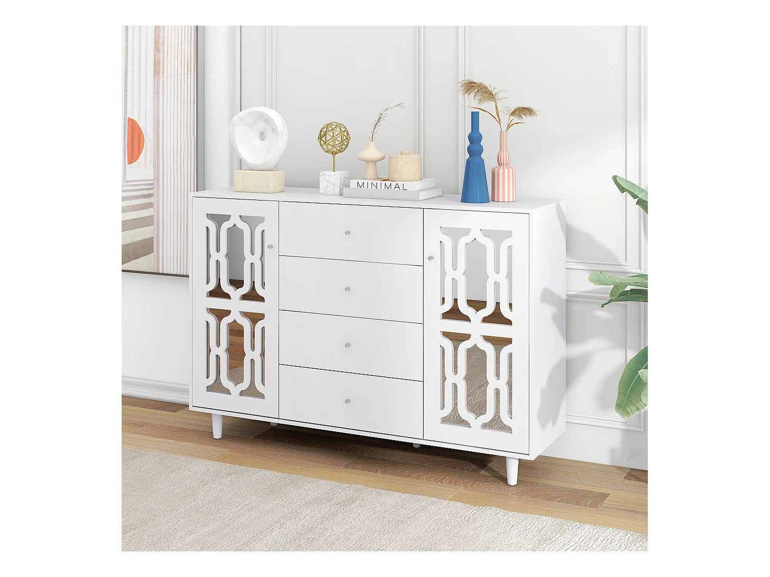 URBAN MEUBLE Buffet blanc design 4 tiroirs 2 portes miroir motif géométrique et poignées en cristal froid&nbsp; 147*40*102cm