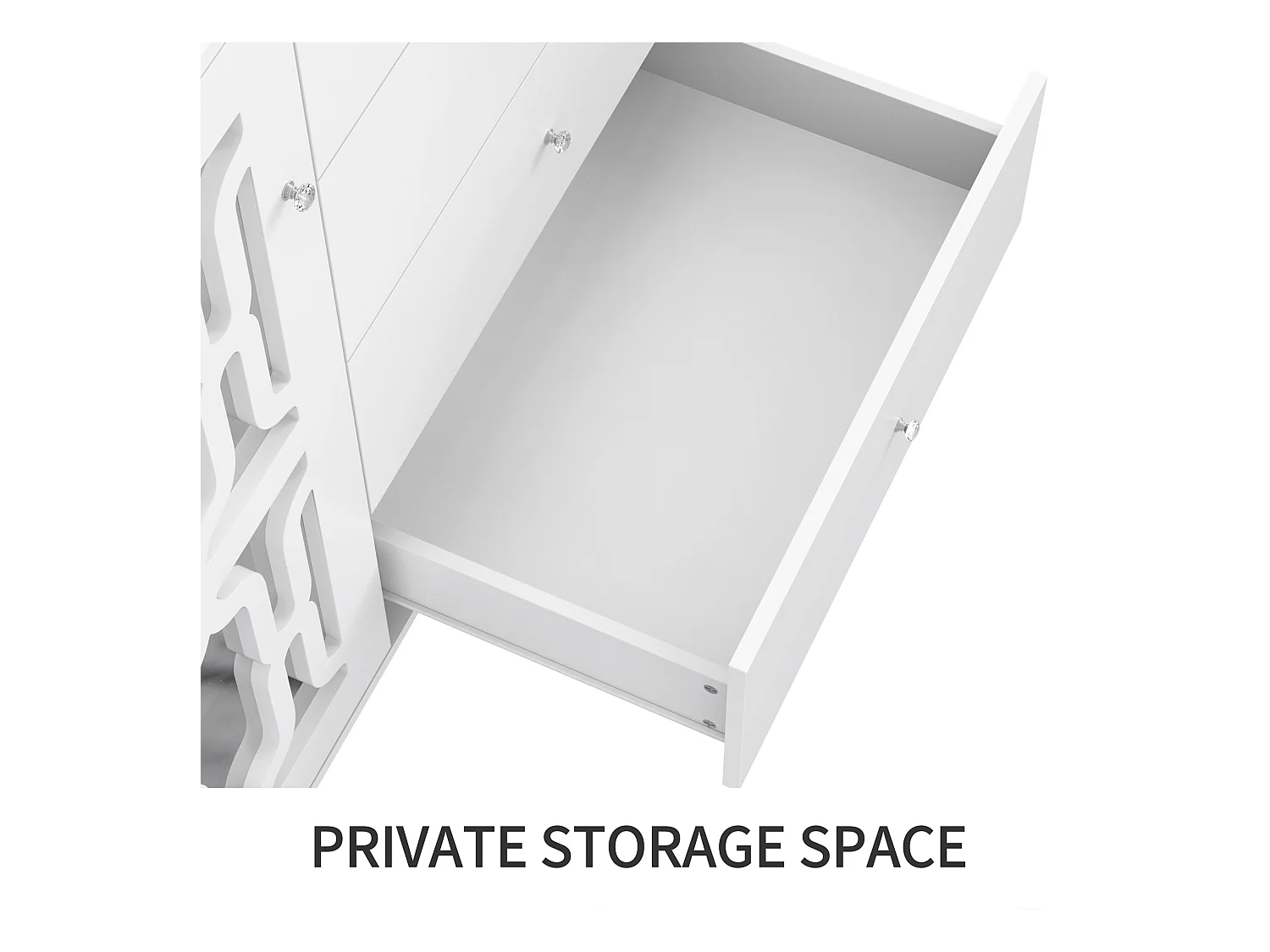 URBAN MEUBLE Buffet blanc design 4 tiroirs 2 portes miroir motif géométrique et poignées en cristal froid&nbsp; 147*40*102cm