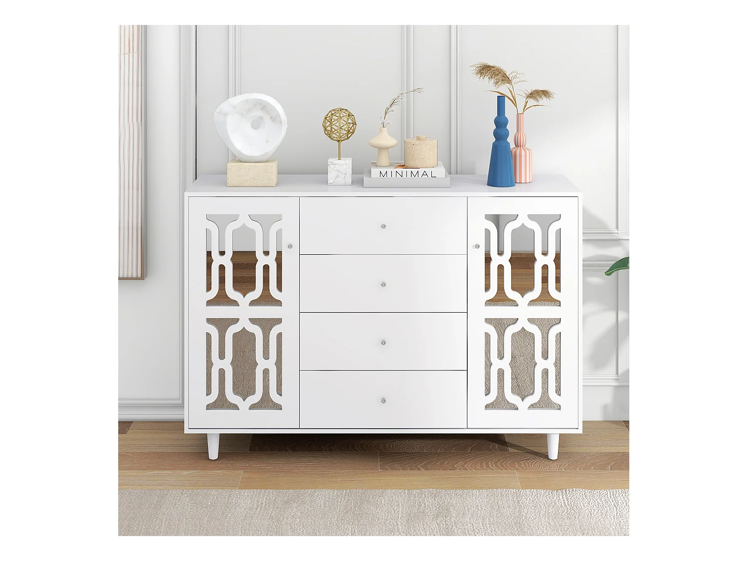 URBAN MEUBLE Buffet blanc design 4 tiroirs 2 portes miroir motif géométrique et poignées en cristal froid&nbsp; 147*40*102cm