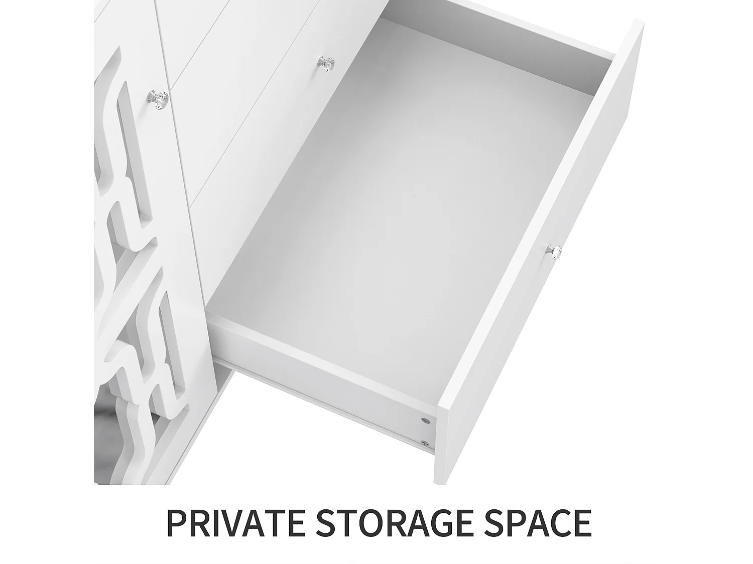 URBAN MEUBLE Buffet blanc design 4 tiroirs 2 portes miroir motif géométrique et poignées en cristal froid&nbsp; 147*40*102cm