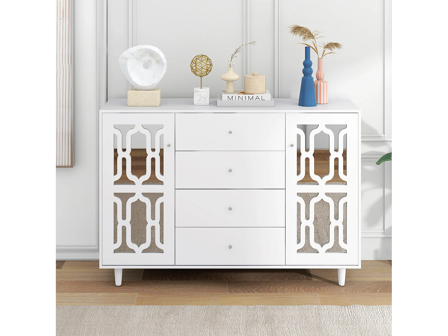URBAN MEUBLE Buffet blanc design 4 tiroirs 2 portes miroir motif géométrique et poignées en cristal froid&nbsp; 147*40*102cm