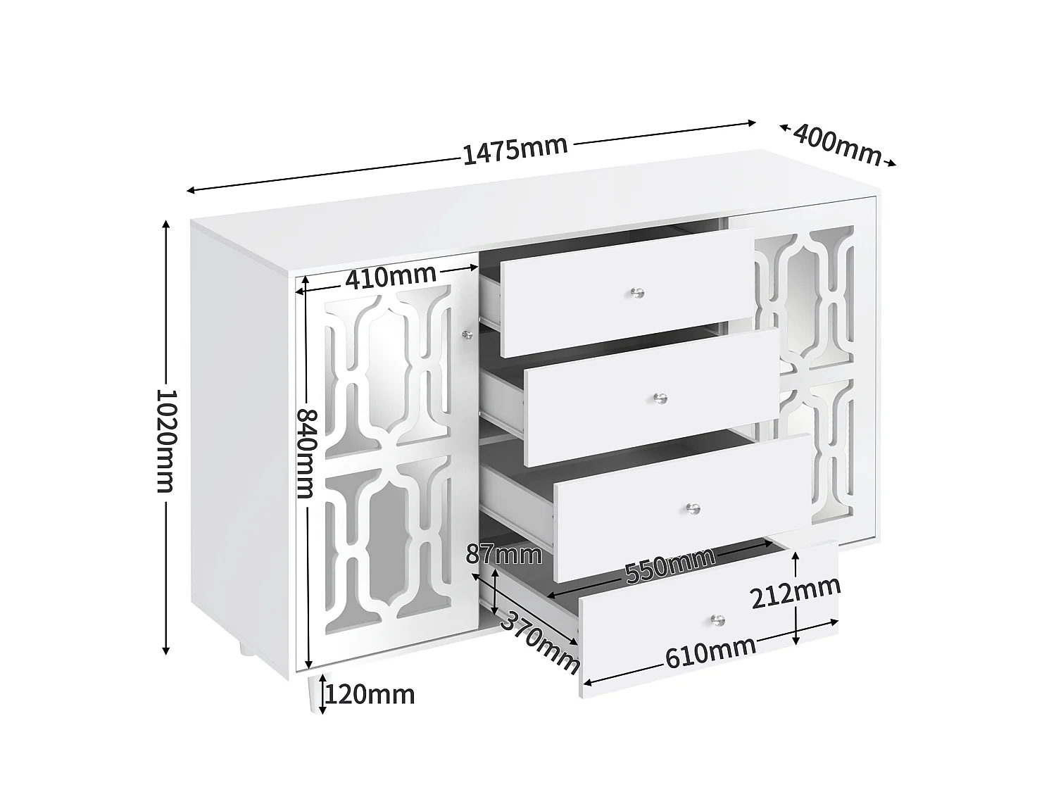 URBAN MEUBLE Buffet blanc design 4 tiroirs 2 portes miroir motif géométrique et poignées en cristal froid&nbsp; 147*40*102cm