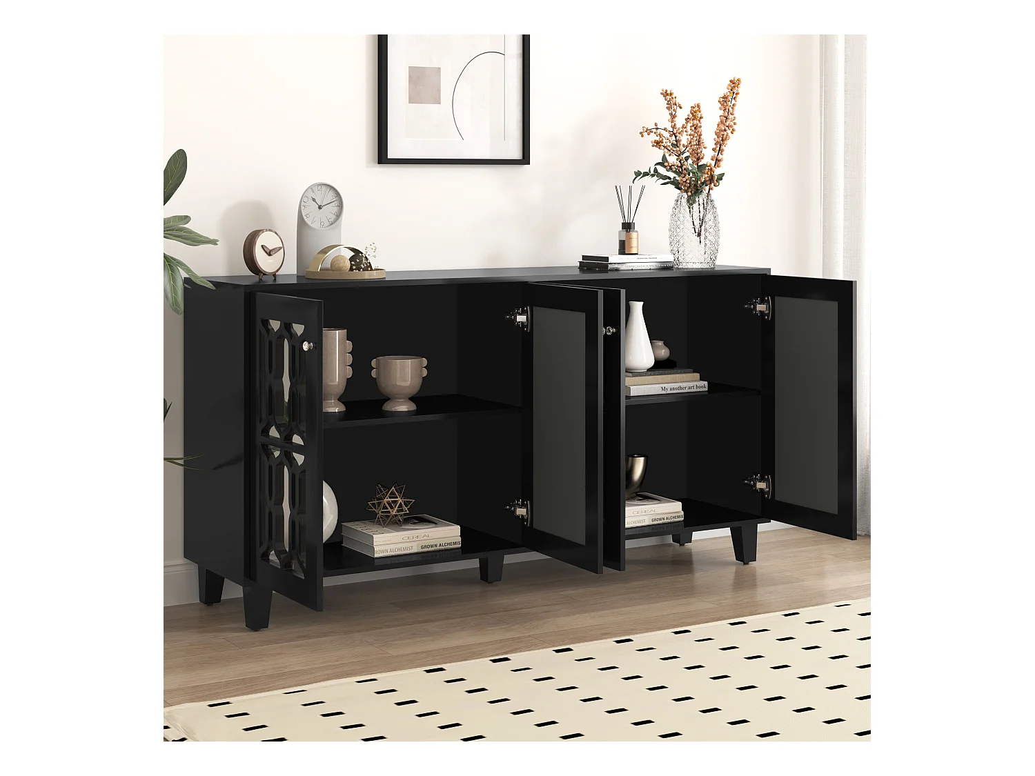 URBAN MEUBLE Buffet noir design 4 portes miroir motif géométrique et poignées en cristal froid 160*40*84cm