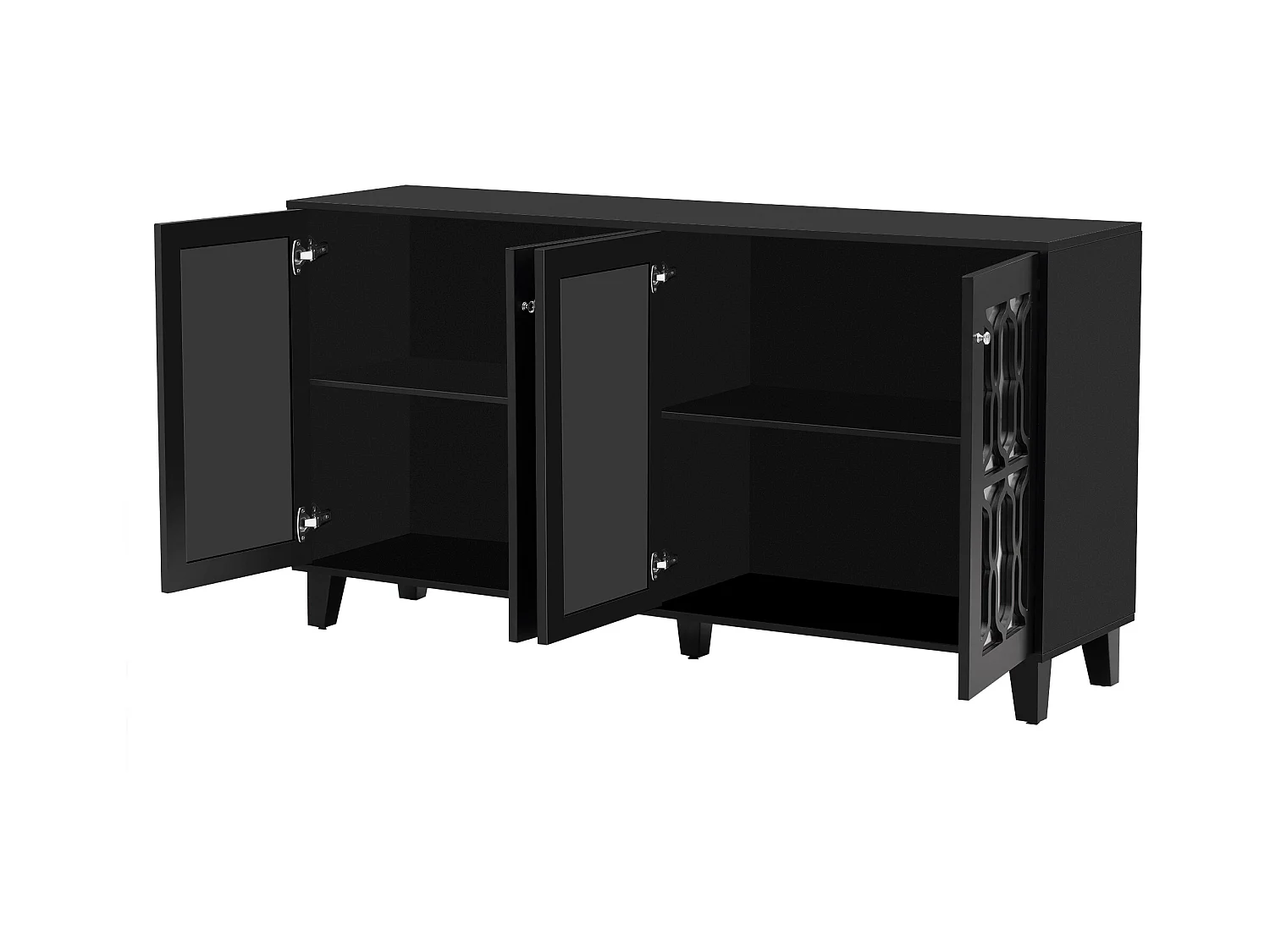URBAN MEUBLE Buffet noir design 4 portes miroir motif géométrique et poignées en cristal froid 160*40*84cm