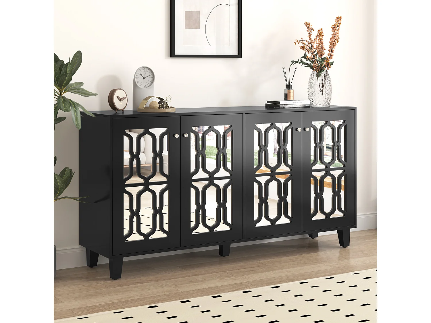 URBAN MEUBLE Buffet noir design 4 portes miroir motif géométrique et poignées en cristal froid 160*40*84cm