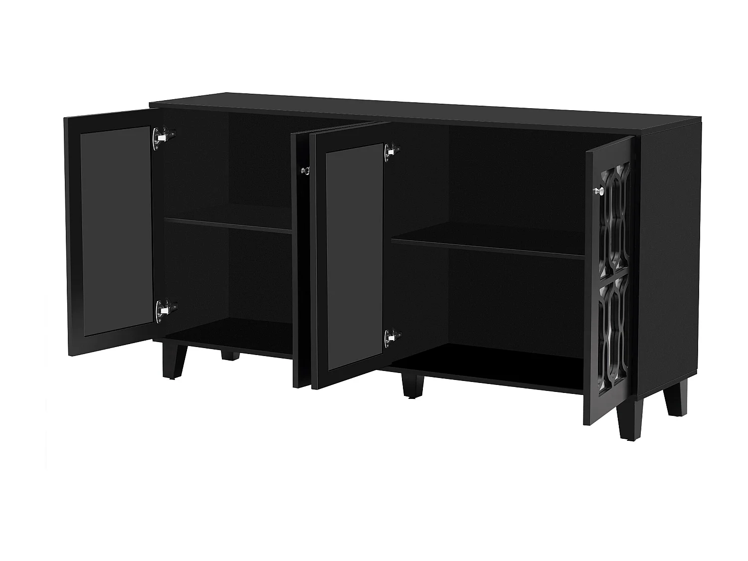 URBAN MEUBLE Buffet noir design 4 portes miroir motif géométrique et poignées en cristal froid 160*40*84cm