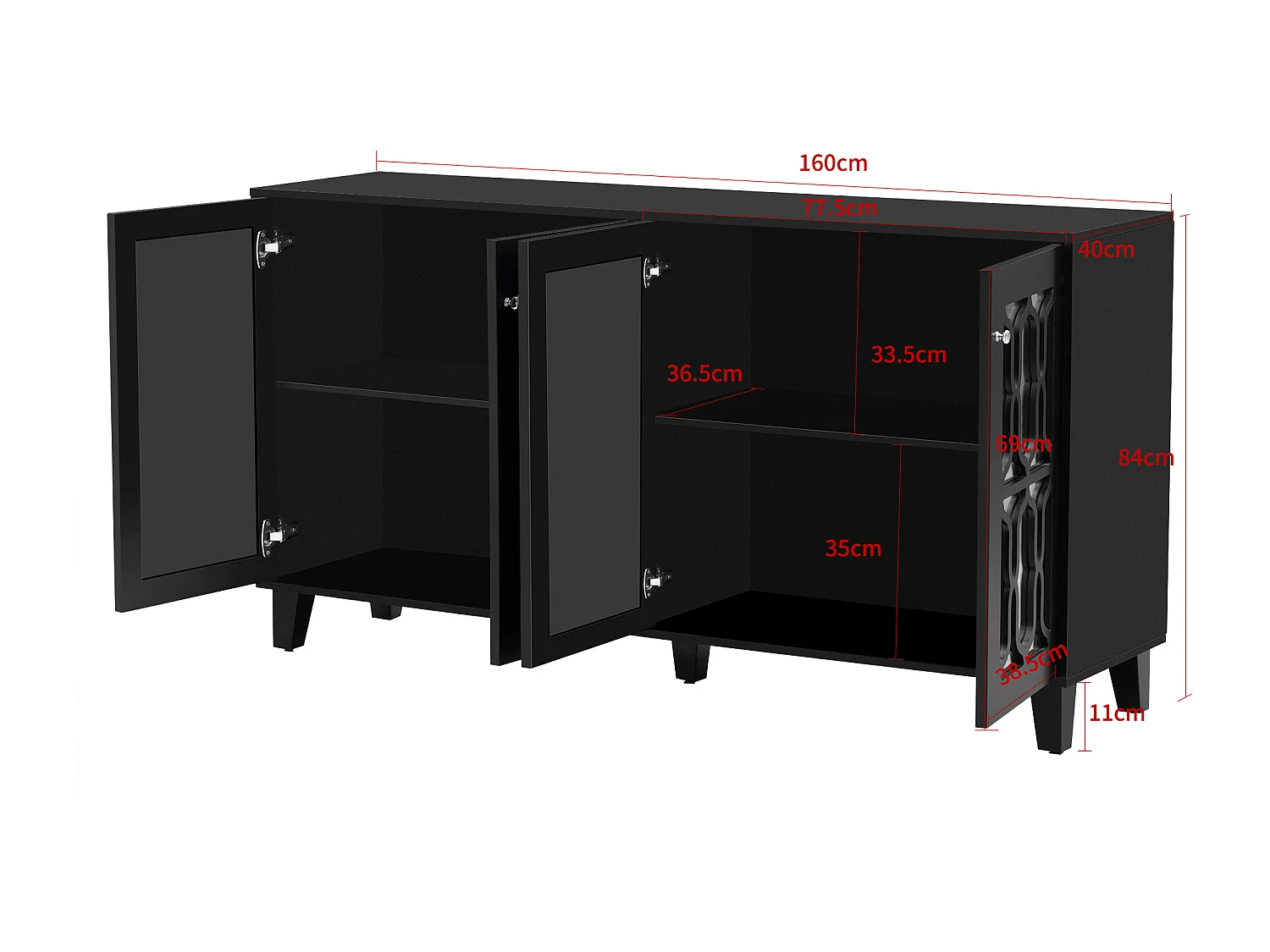 URBAN MEUBLE Buffet noir design 4 portes miroir motif géométrique et poignées en cristal froid 160*40*84cm