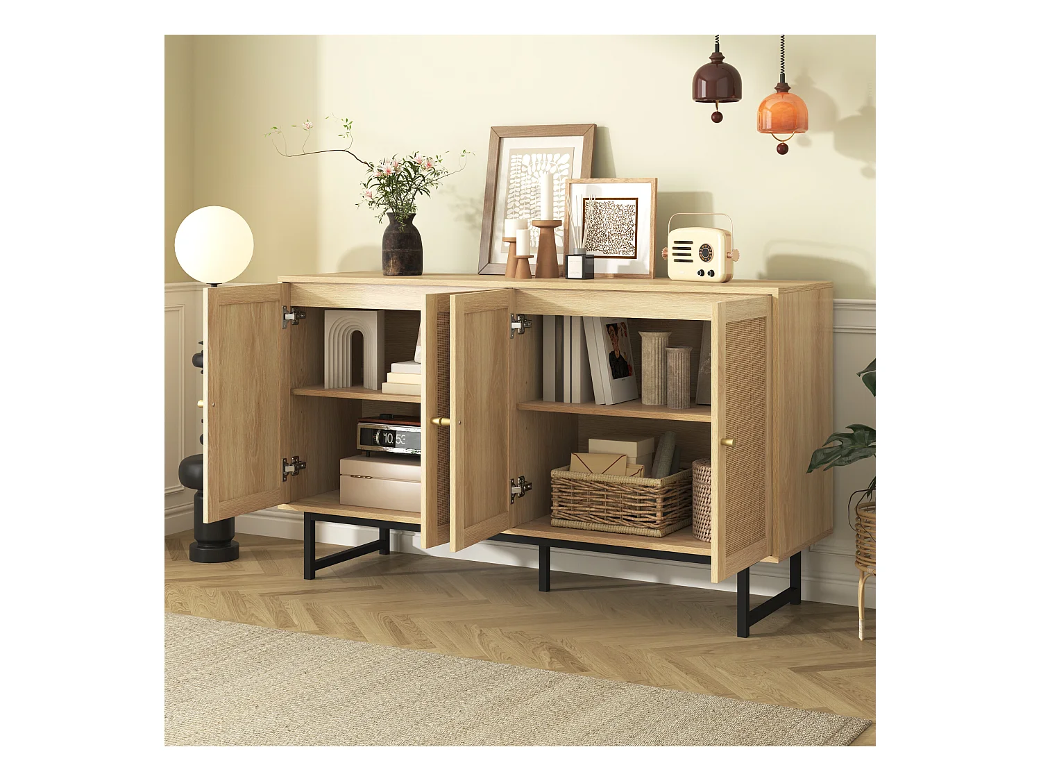 URBAN MEUBLE Buffet naturelle effet bois 4 portes en rotin 140*39*80cm