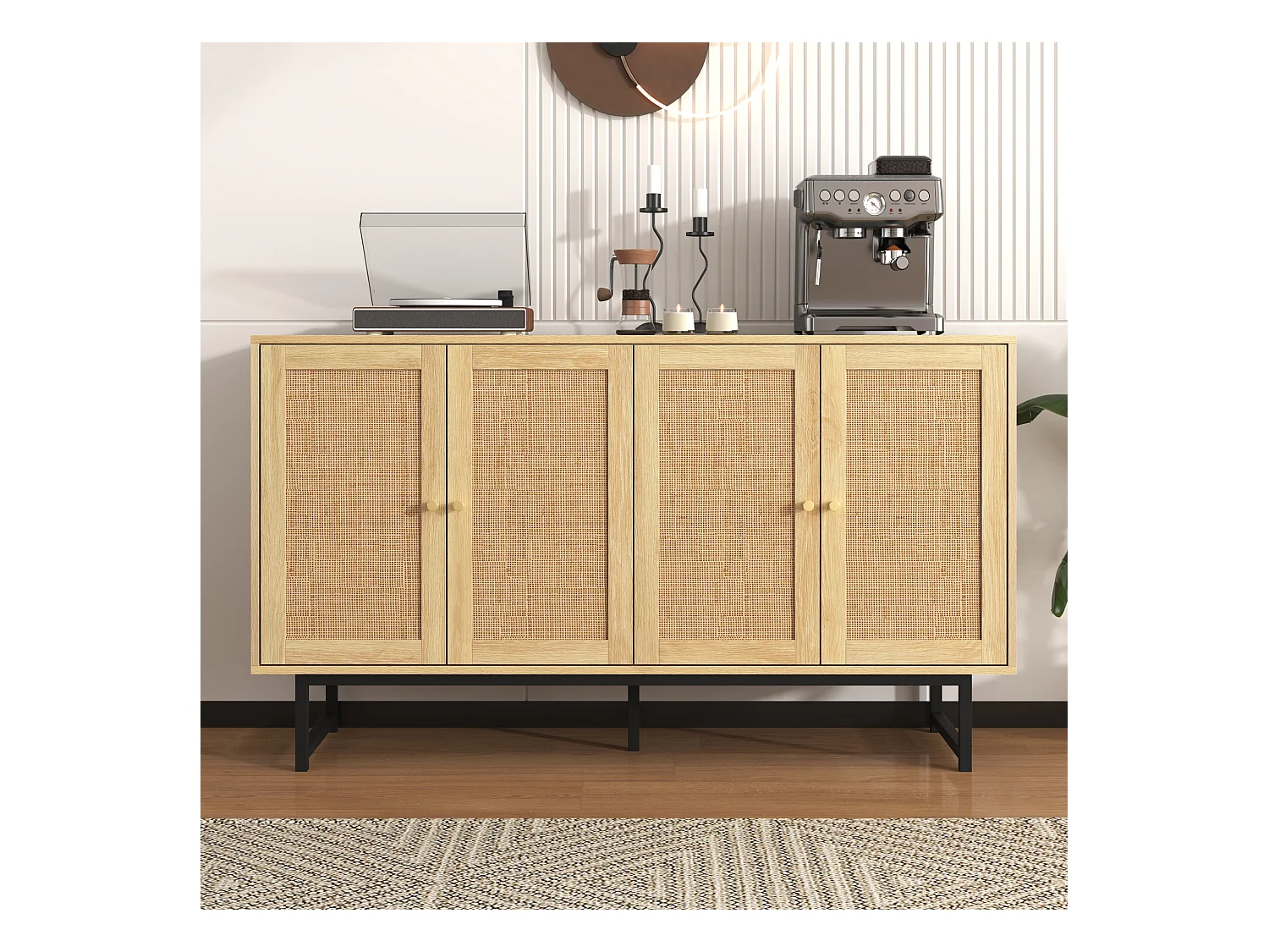 URBAN MEUBLE Buffet naturelle effet bois 4 portes en rotin 140*39*80cm