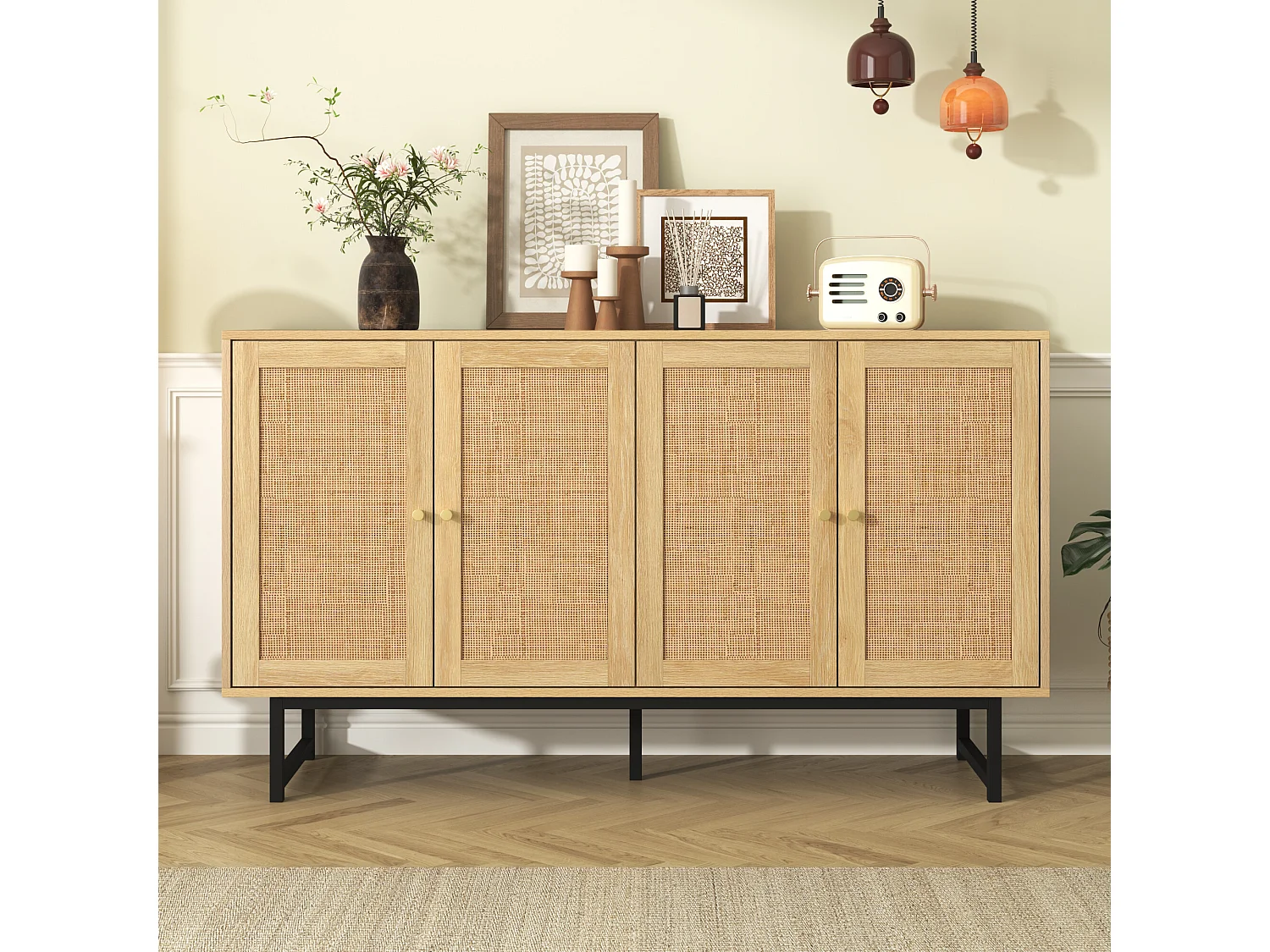 URBAN MEUBLE Buffet naturelle effet bois 4 portes en rotin 140*39*80cm
