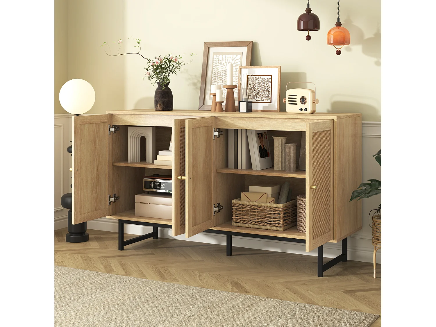 URBAN MEUBLE Buffet naturelle effet bois 4 portes en rotin 140*39*80cm