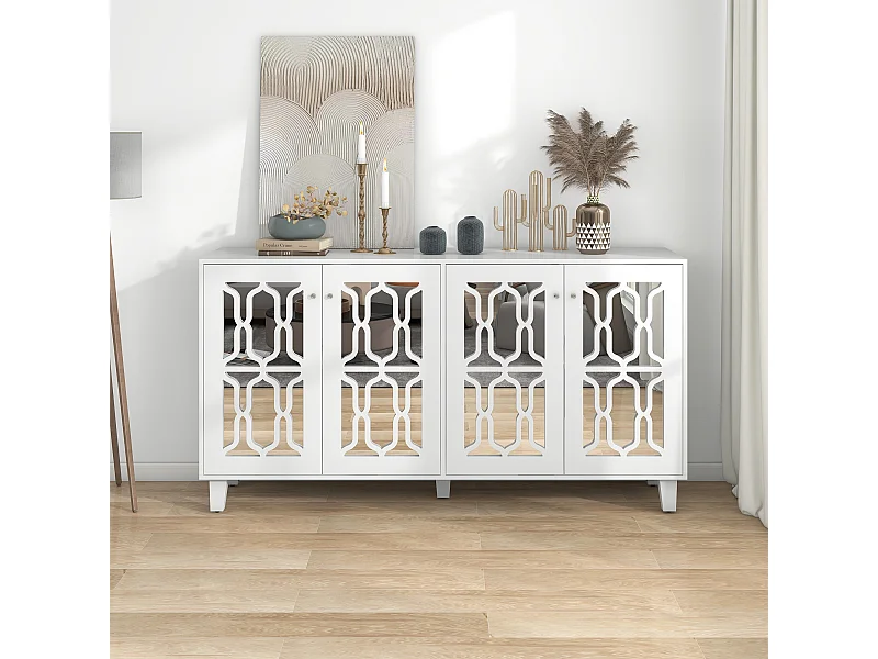 URBAN MEUBLE Buffet blanc design 4 portes miroir motif géométrique et poignées en cristal froid 160*40*84cm