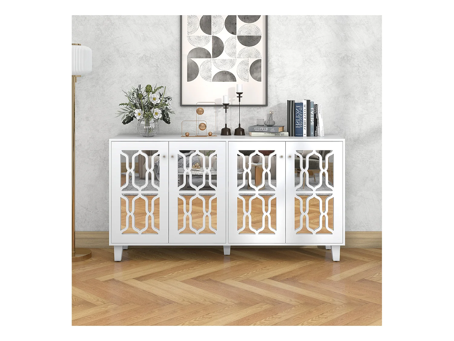 URBAN MEUBLE Buffet blanc design 4 portes miroir motif géométrique et poignées en cristal froid 160*40*84cm