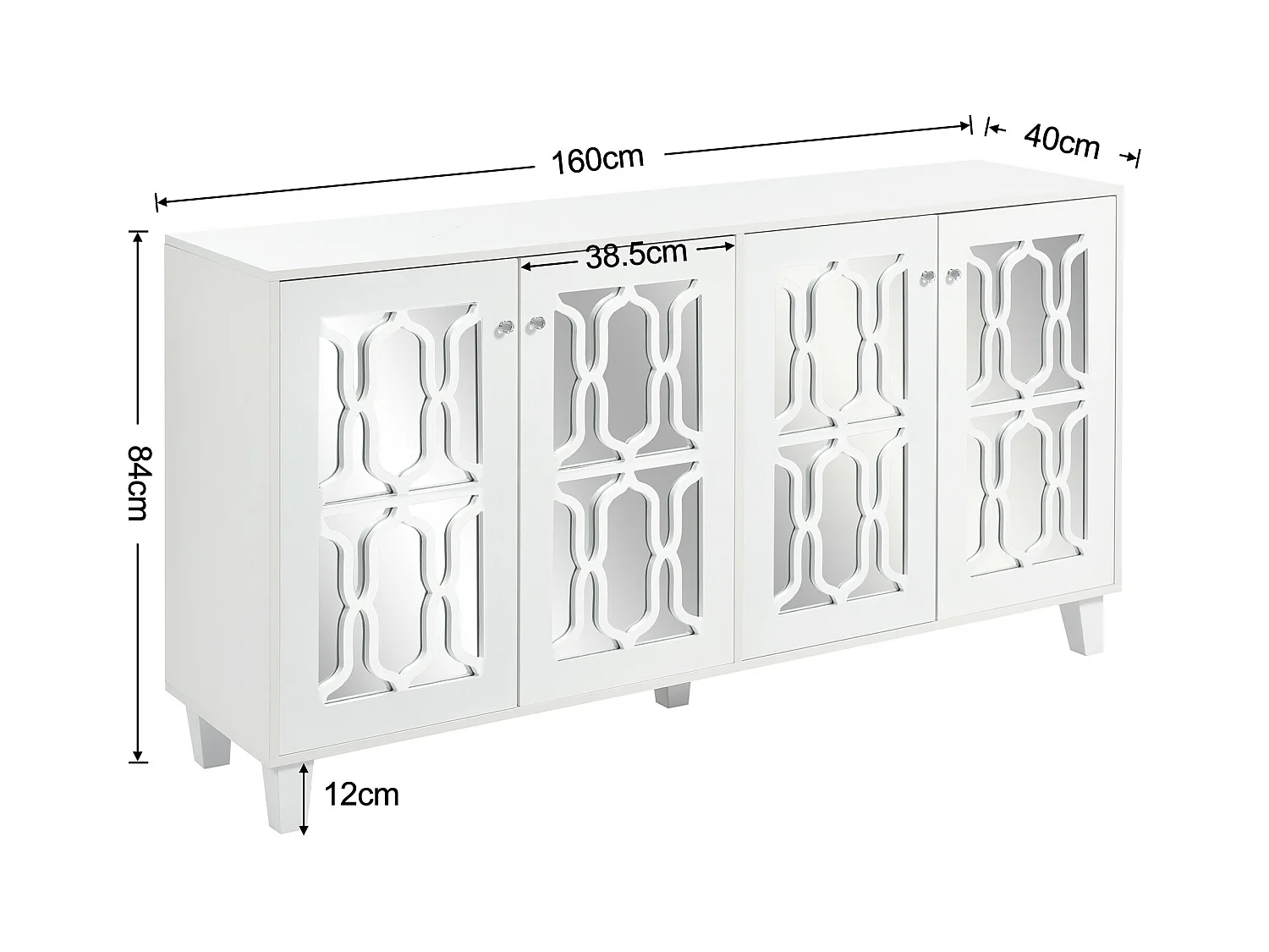 URBAN MEUBLE Buffet blanc design 4 portes miroir motif géométrique et poignées en cristal froid 160*40*84cm