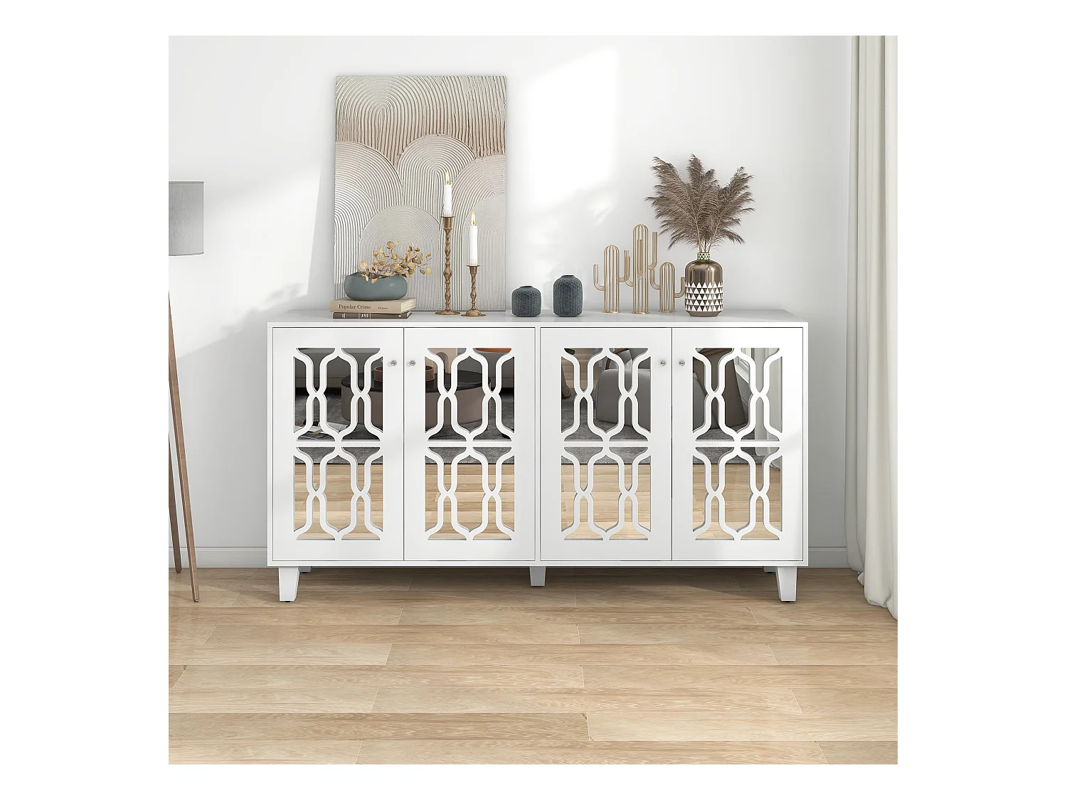 URBAN MEUBLE Buffet blanc design 4 portes miroir motif géométrique et poignées en cristal froid 160*40*84cm