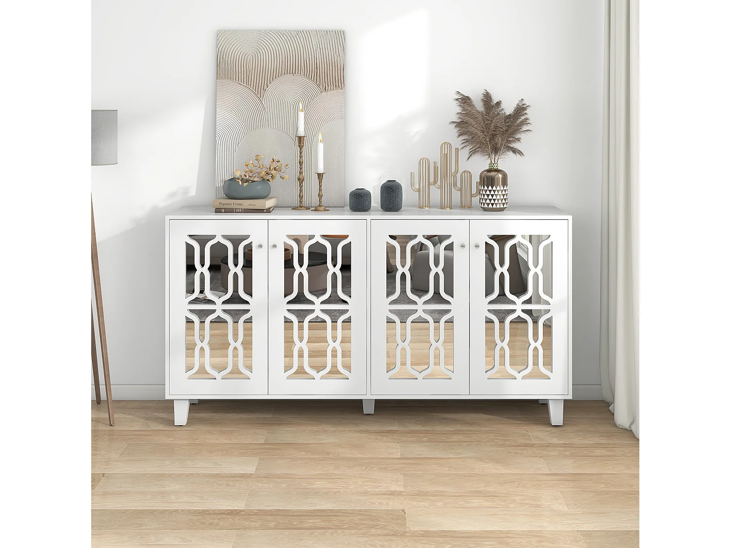 URBAN MEUBLE Buffet blanc design 4 portes miroir motif géométrique et poignées en cristal froid 160*40*84cm