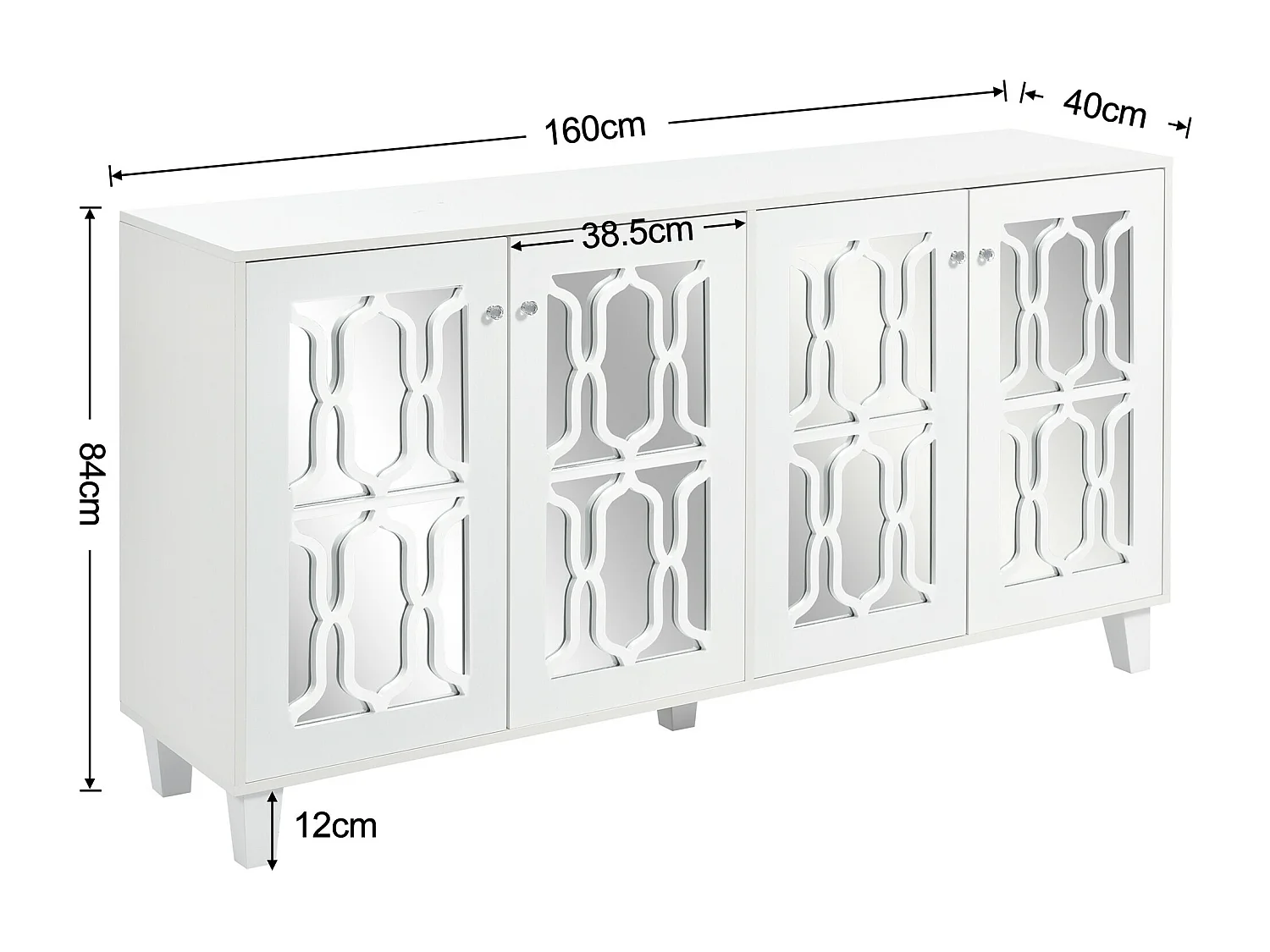 URBAN MEUBLE Buffet blanc design 4 portes miroir motif géométrique et poignées en cristal froid 160*40*84cm